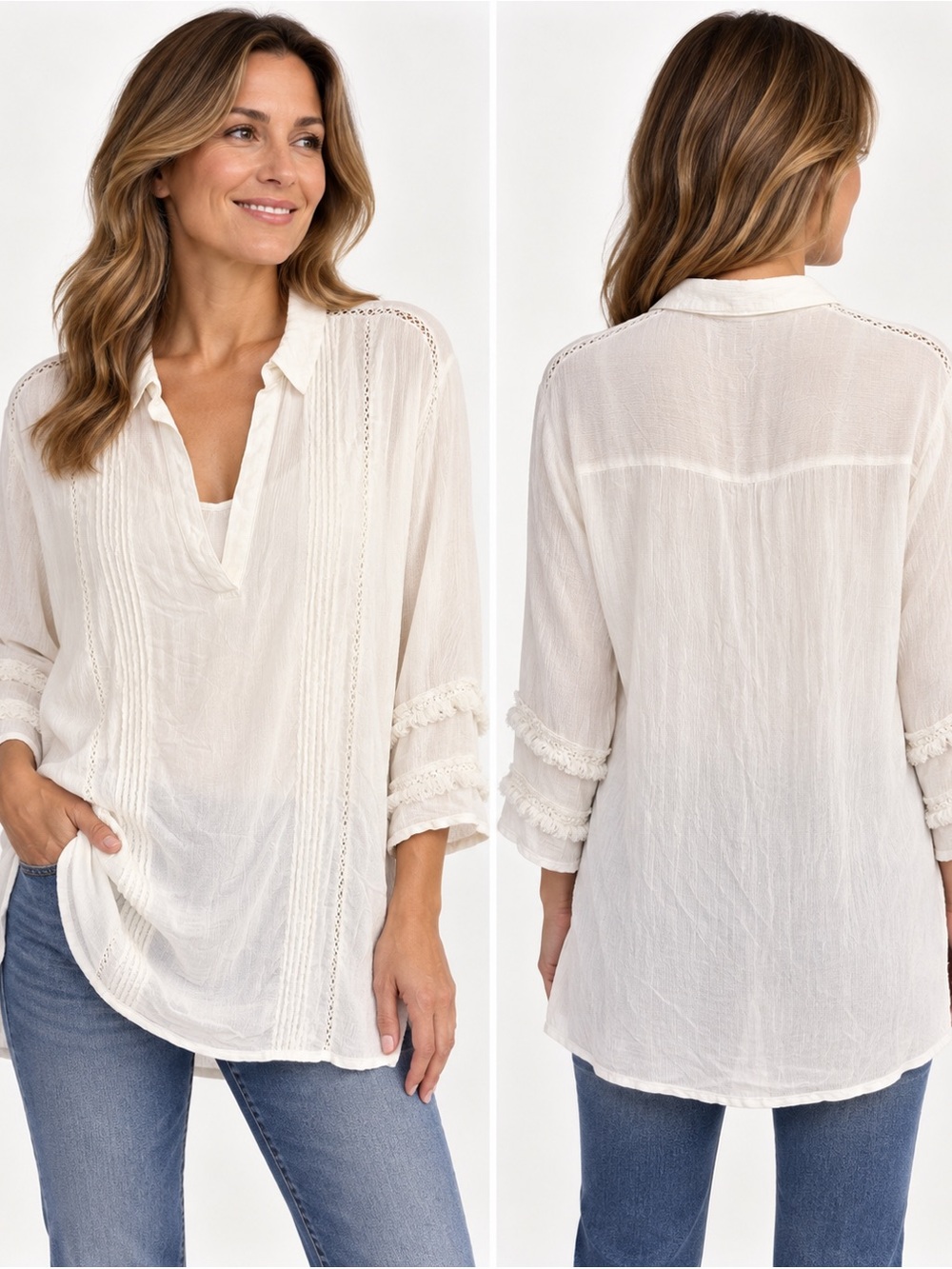 Long Tall Sally White Boho Tunic Blouse Fringe Detail Size 16
A1-13